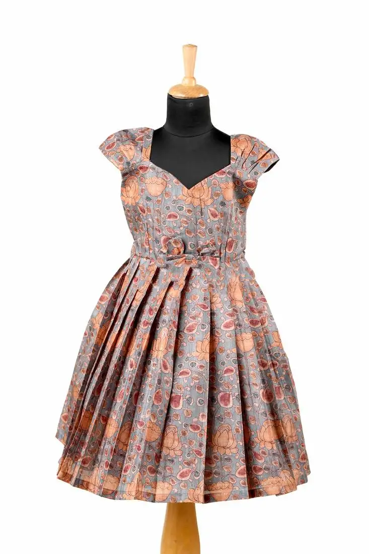 Girls grey kalamkari leaf pattu pavadai frocks