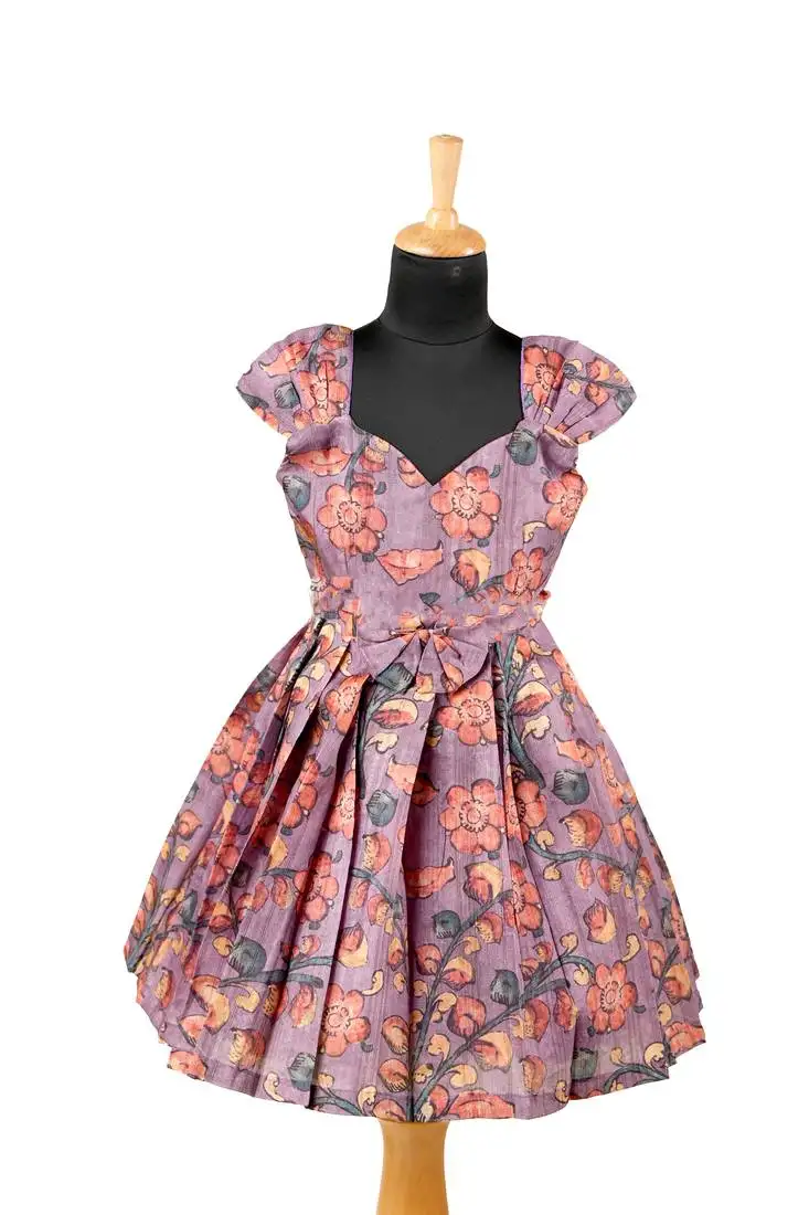 Girls lavender kalamkari leaf pattu pavadai frocks
