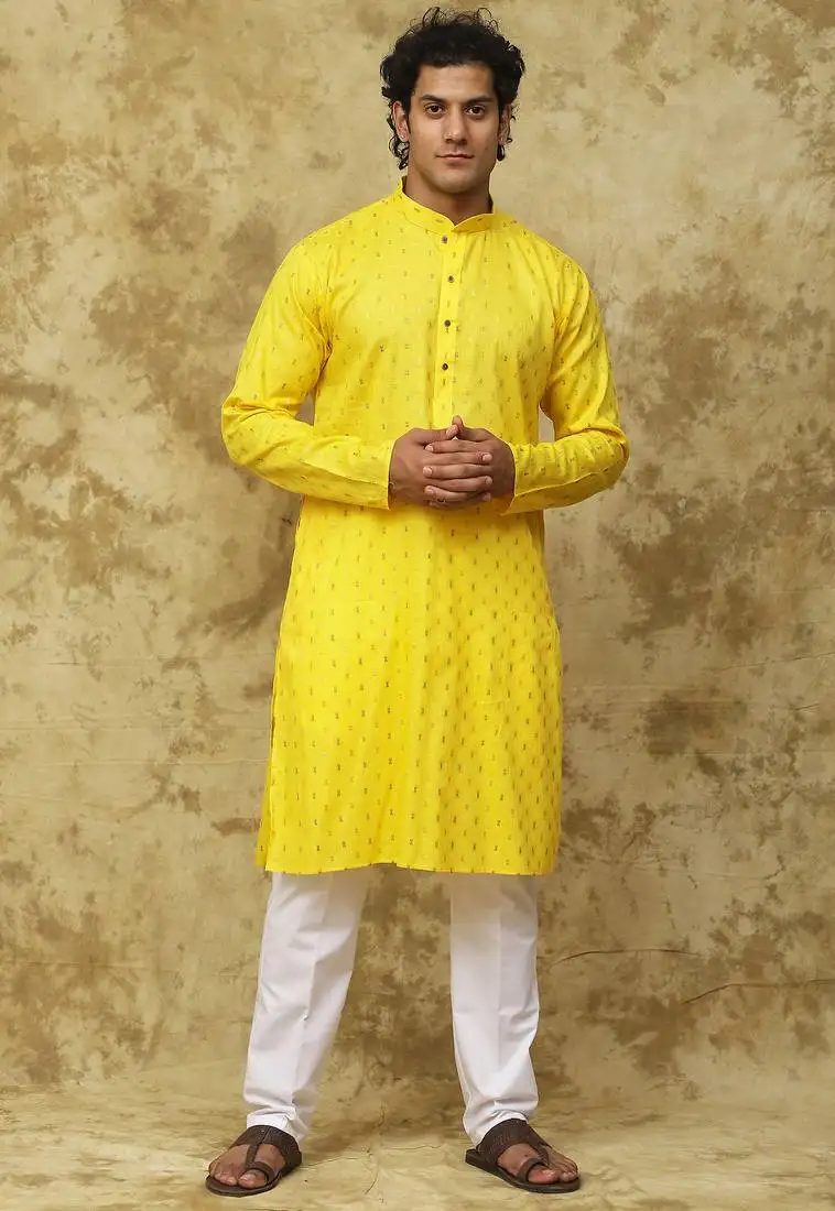 Yellow cotton embroidered kurta set for men