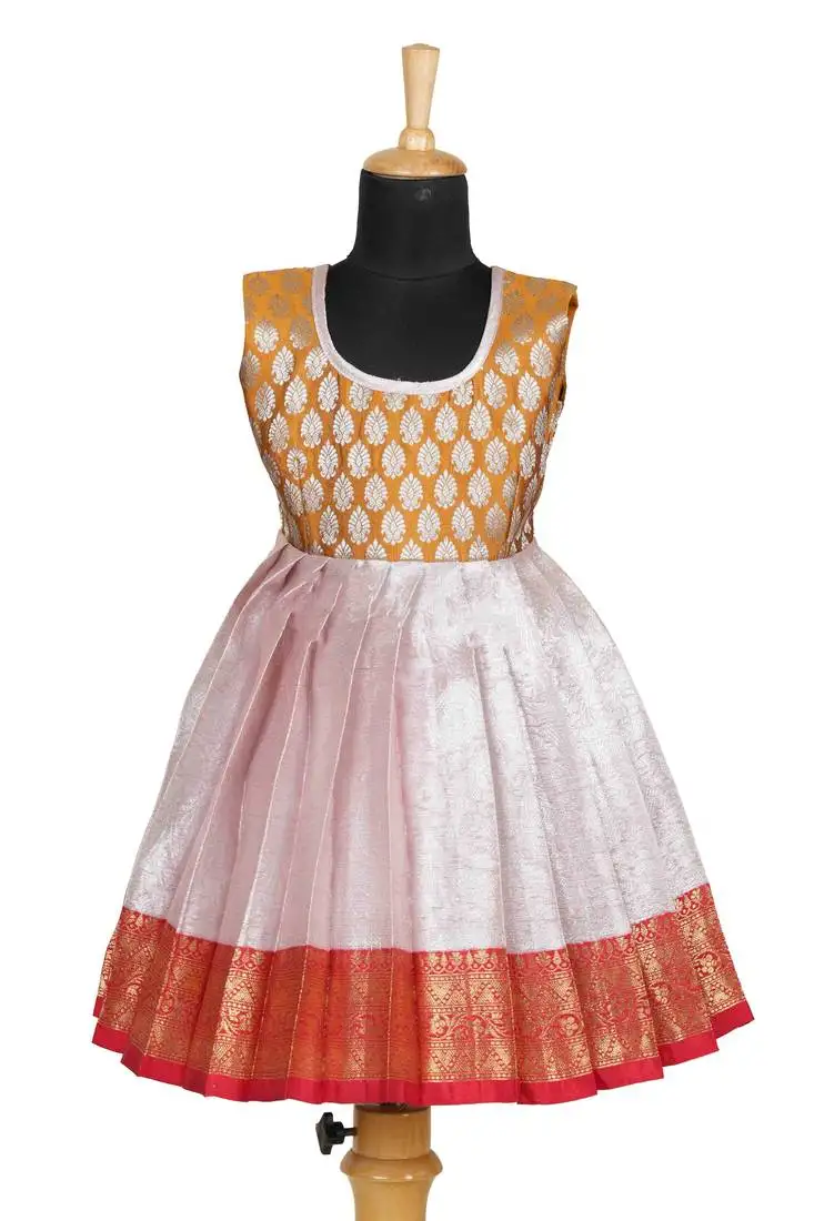 Girls red silver algae pattu pavadai frocks