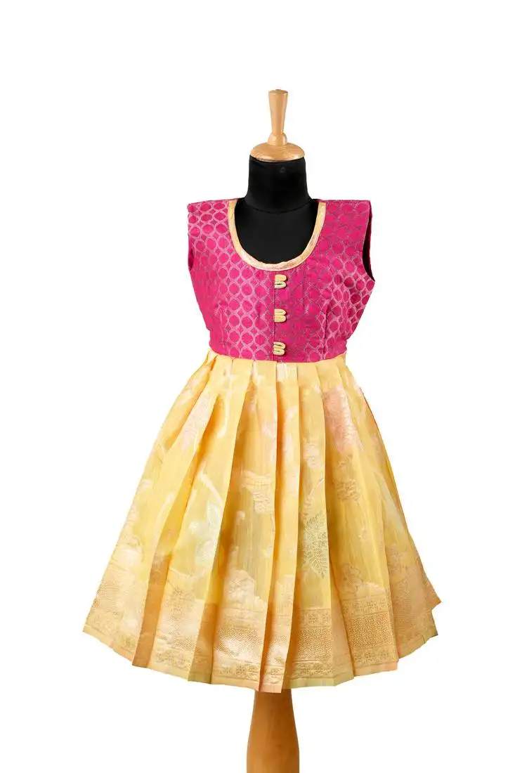Girls yellow turquoise pattu pavadai frocks