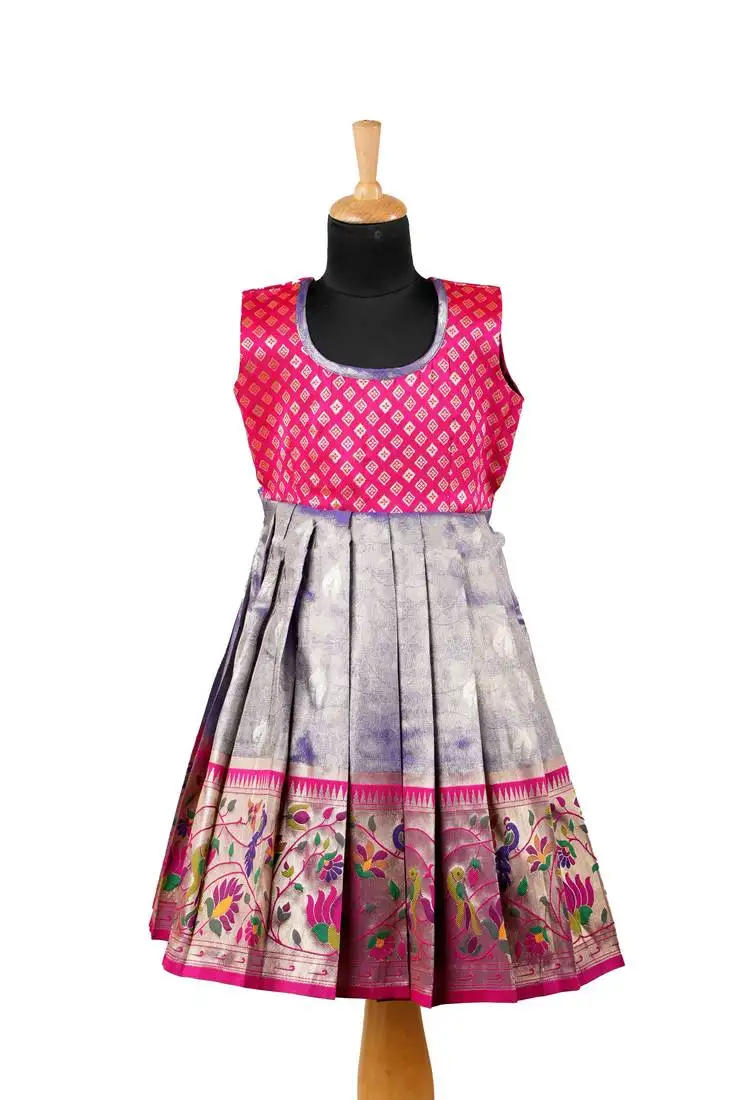 Girls blue paithani parakeet pattu pavadai frocks