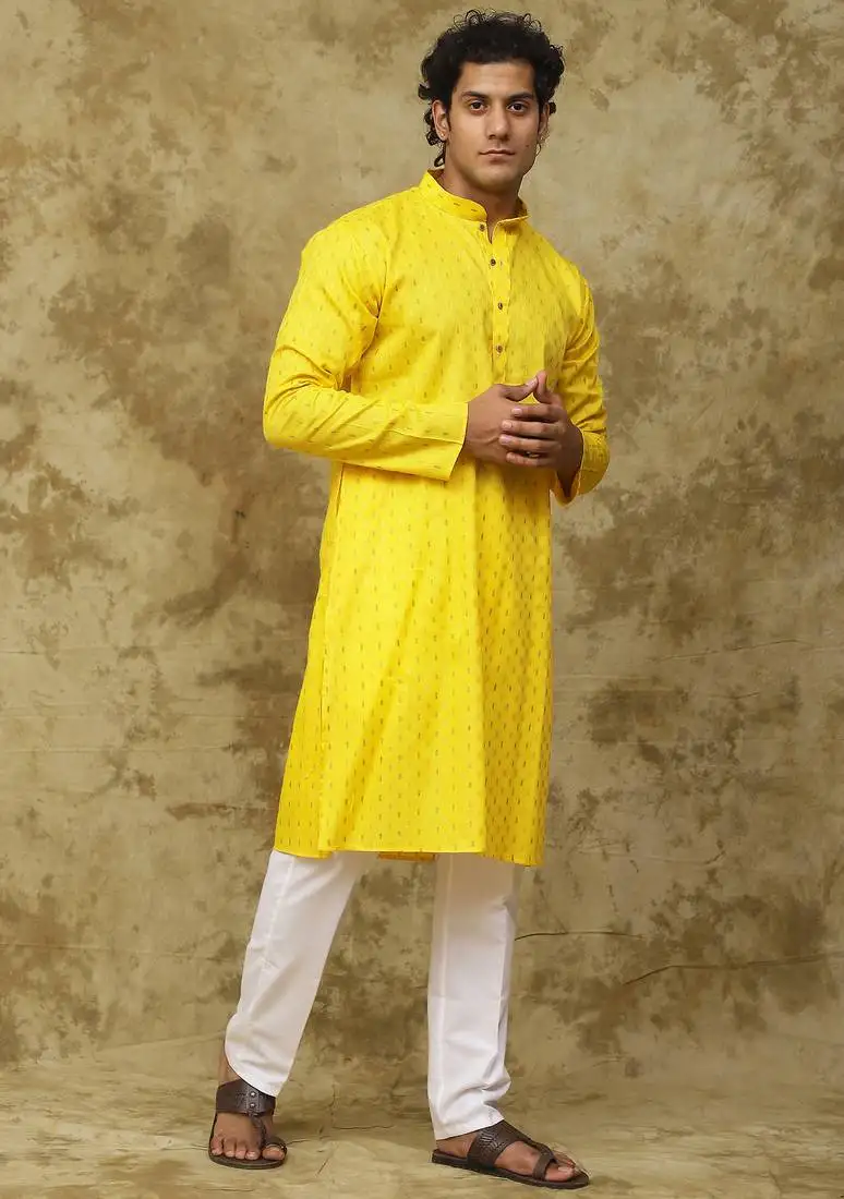 Yellow cotton dobby kurta set for men