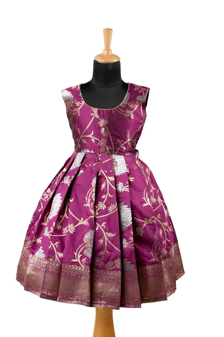Girls magenta silver lotus pattu pavadai frocks