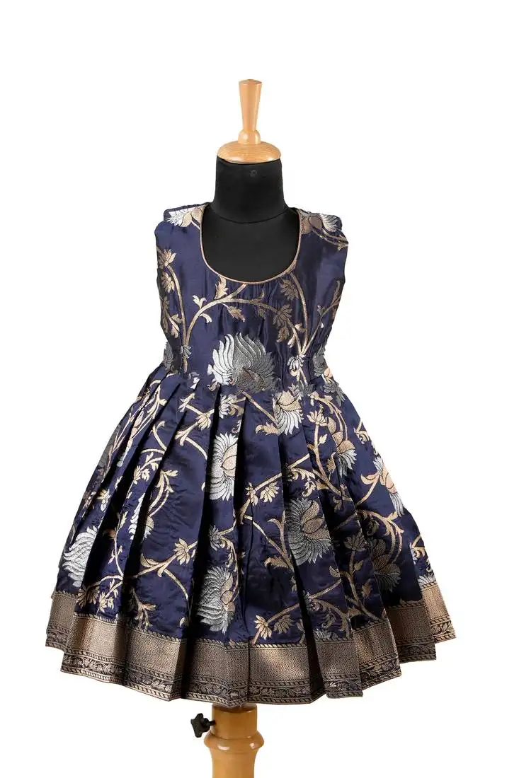 Girls navy blue silver lotus pattu pavadai frocks
