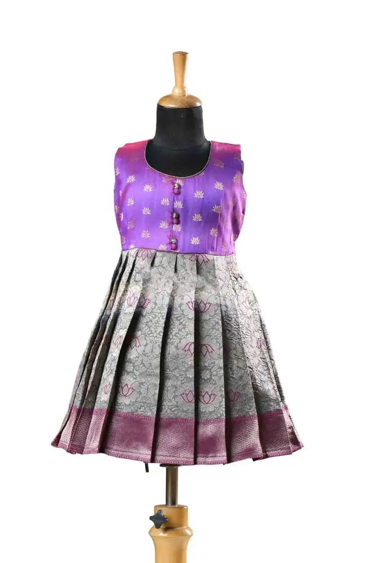 Grey banaras lotus baby pattu pavadai frocks for kids