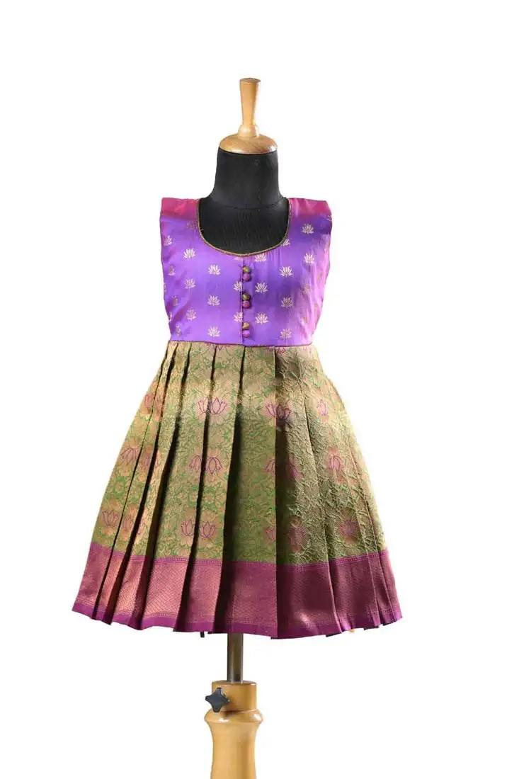 Green banaras lotus baby pattu pavadai frocks for kids