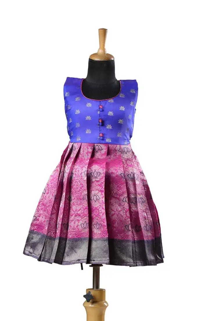 Pink banaras lotus baby pattu pavadai frocks for kids