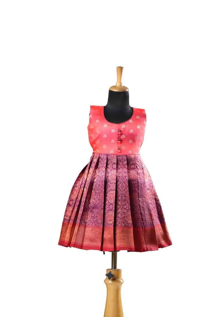 Magenta banaras lotus baby pattu pavadai frocks for kids