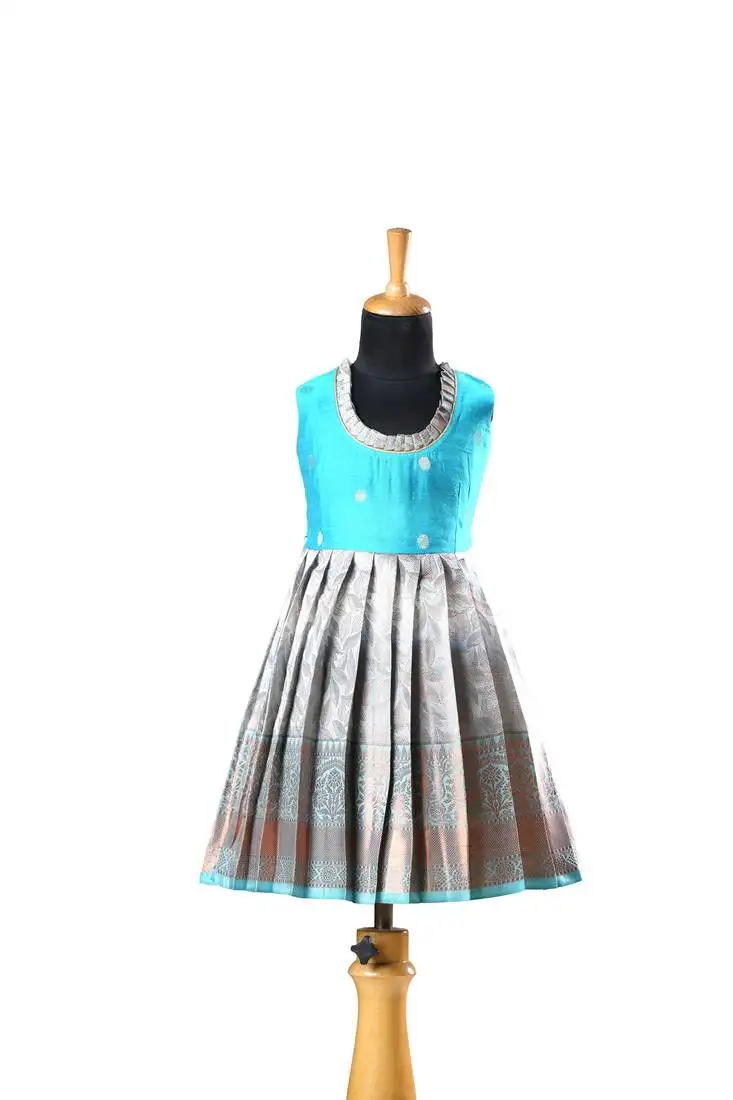 Grey copper twin leaf baby pattu pavadai frocks for kids