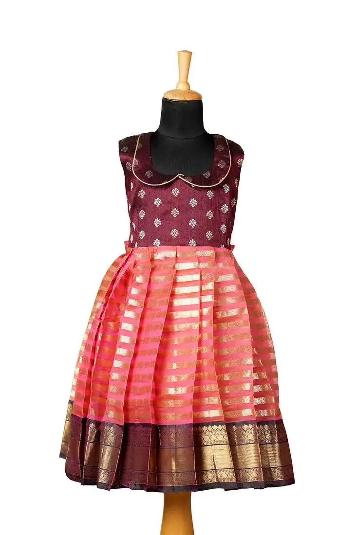 Girls peach golden piller pattu pavadai frocks