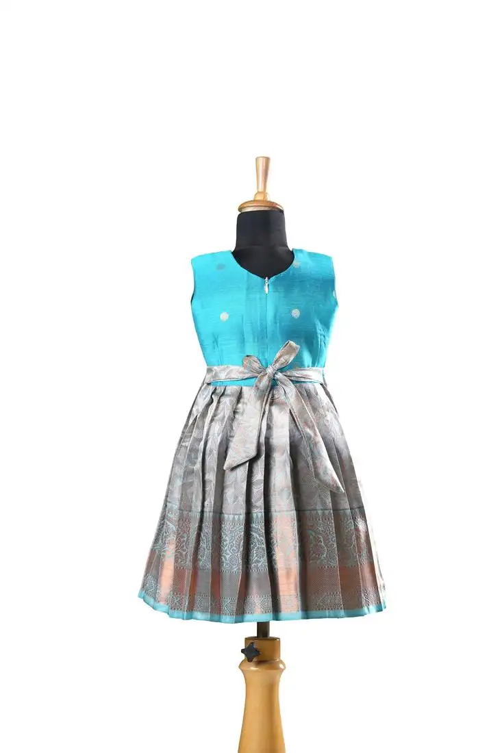 Navy blue copper twin leaf baby pattu pavadai frocks for kids