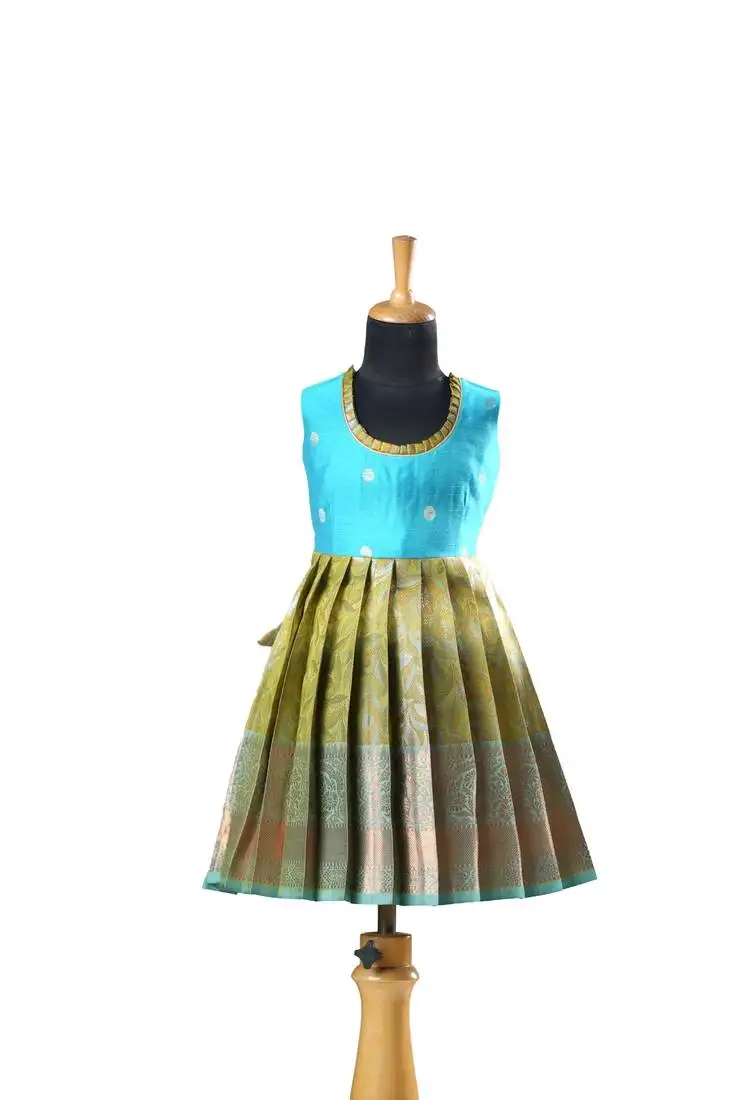 Green copper twin leaf baby pattu pavadai frocks for kids