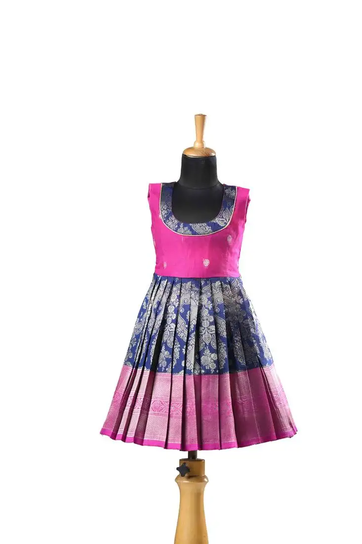 Navy blue golden cocoon baby pattu pavadai frocks for kids