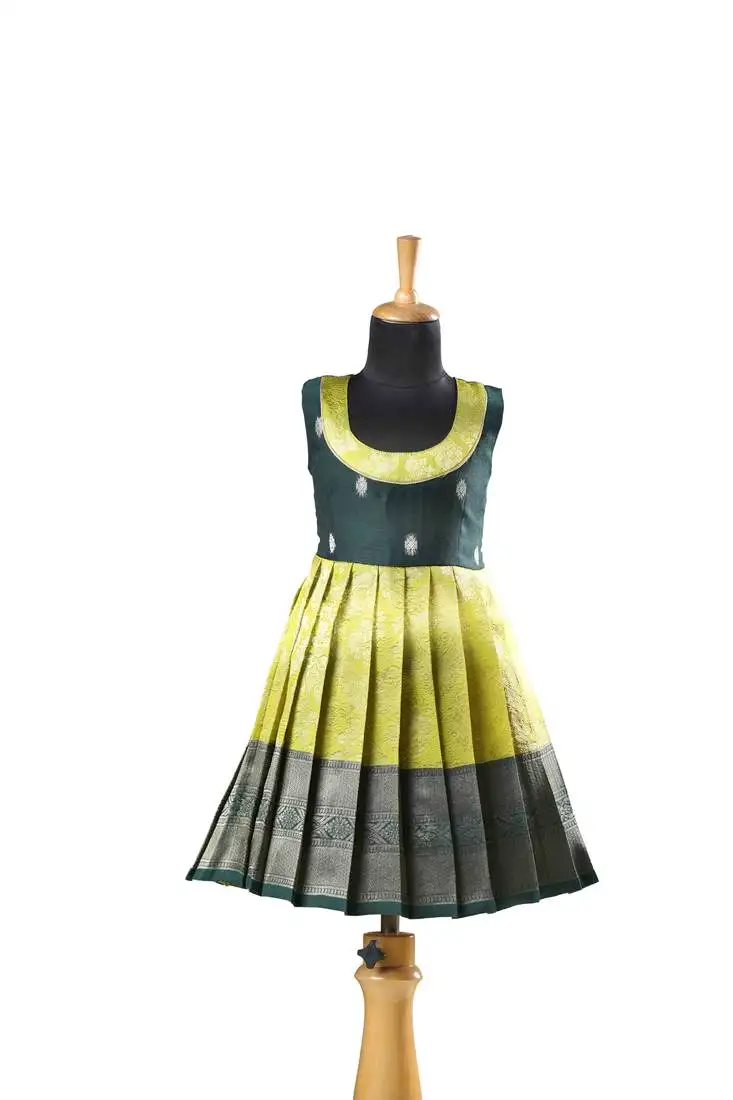 Parrot green golden cocoon baby pattu pavadai frocks for kids
