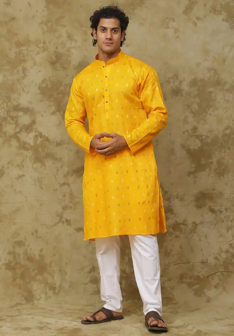 Gold cotton embroidered kurta set for men