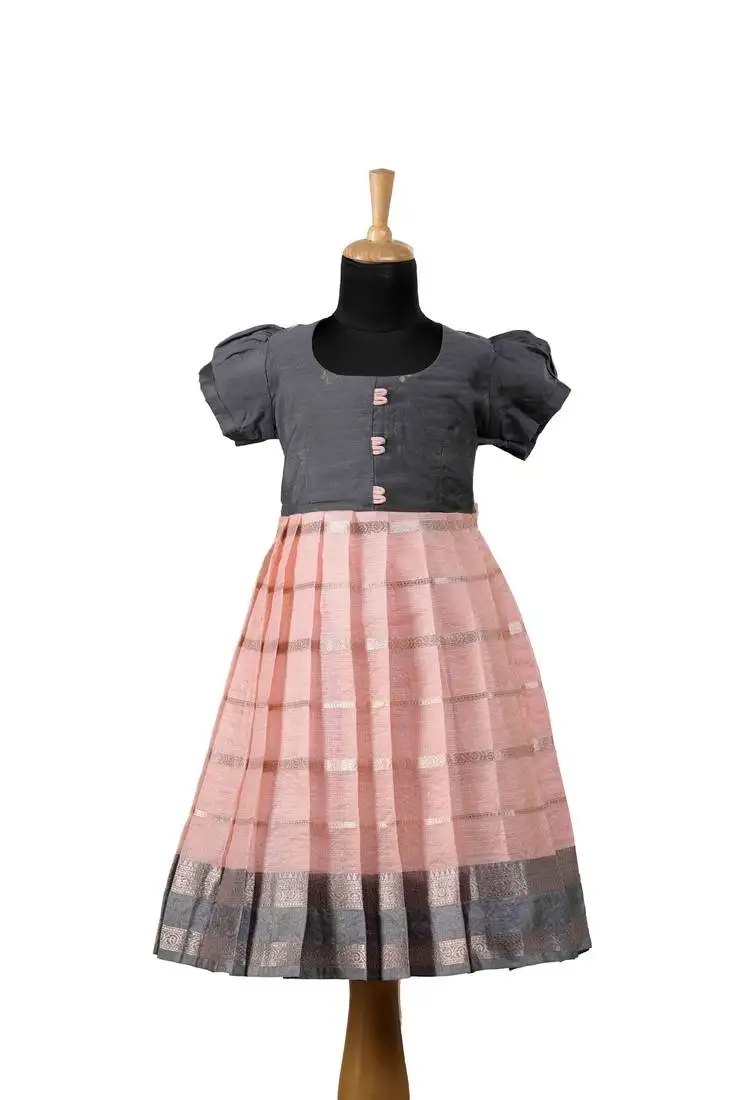 Peach floral line baby pattu pavadai frocks for kids