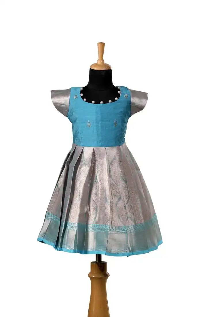 Sky blue tissue mughal baby pattu pavadai frocks for kids