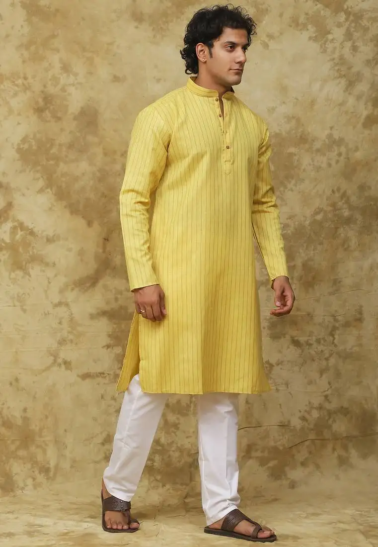 Yellow cotton striped kurta set for men