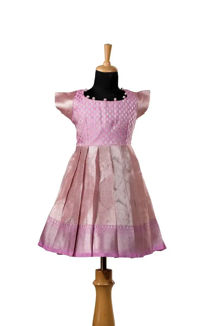 Pink tissue mughal baby pattu pavadai frocks for kids