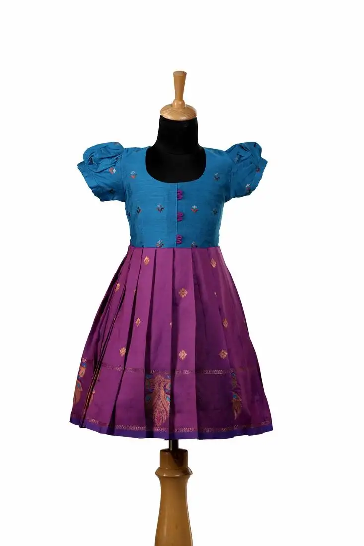 Magenta twin peacock baby pattu pavadai frocks for kids