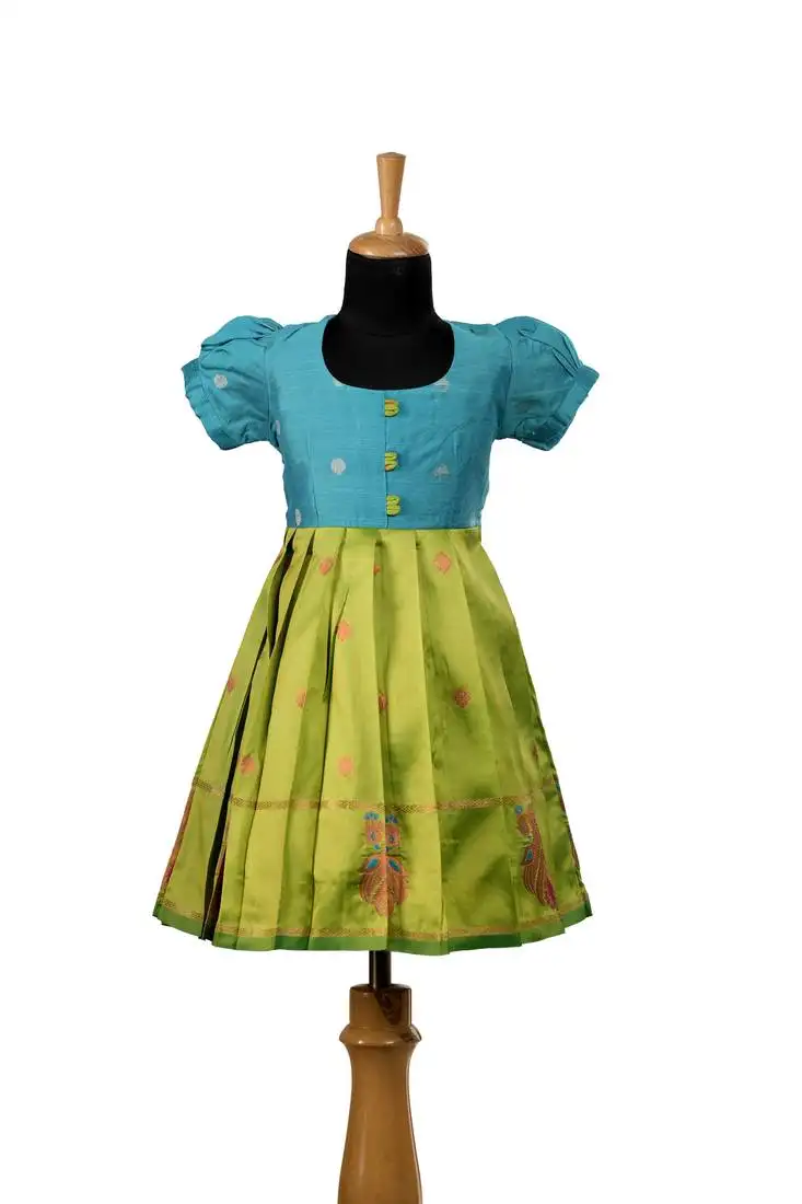 Parrot green twin peacock baby pattu pavadai frocks for kids