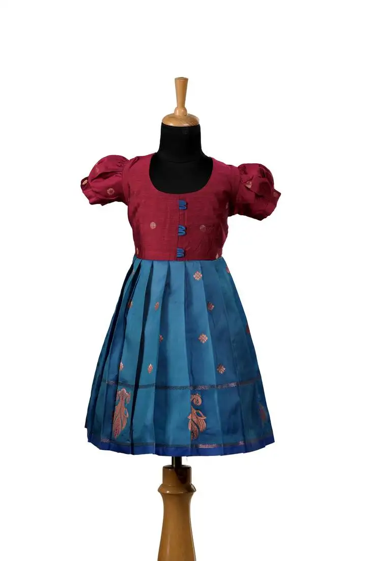 Peacock blue twin peacock baby pattu pavadai frocks for kids