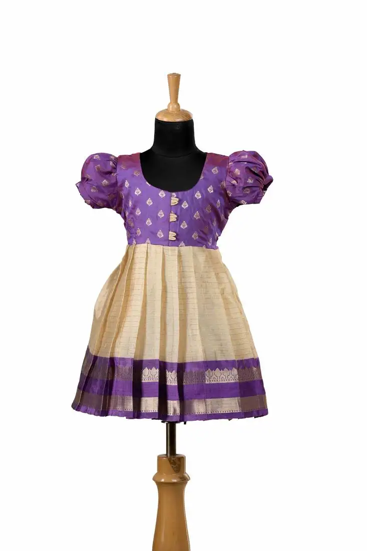 Purple golden sunflower baby pattu pavadai frocks for kids