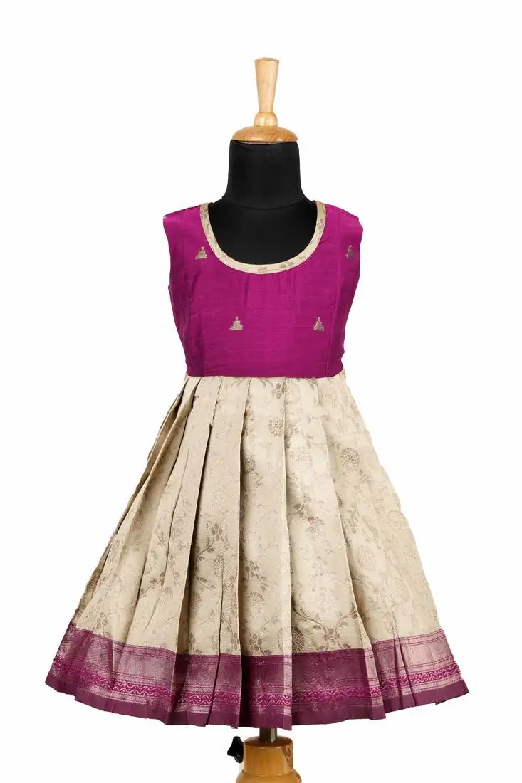 Girls magenta banaras mughal pattu pavadai frocks