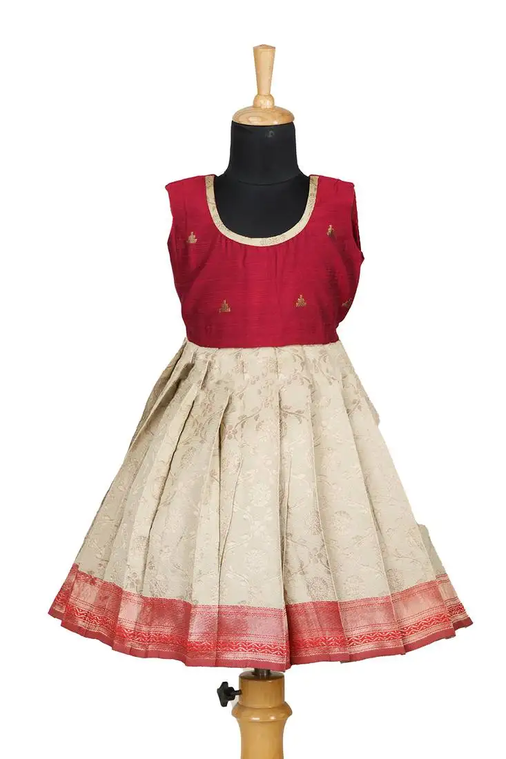 Girls red banaras mughal pattu pavadai frocks