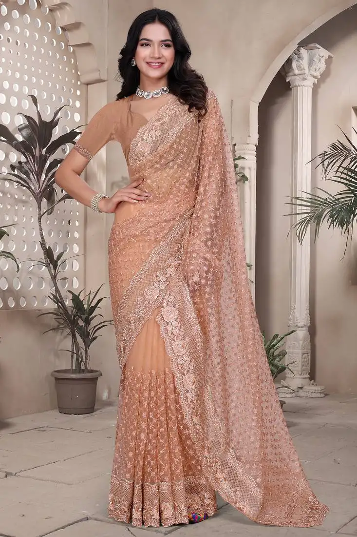 Peach sequin embroidered net saree sari with unstitch blouse piece