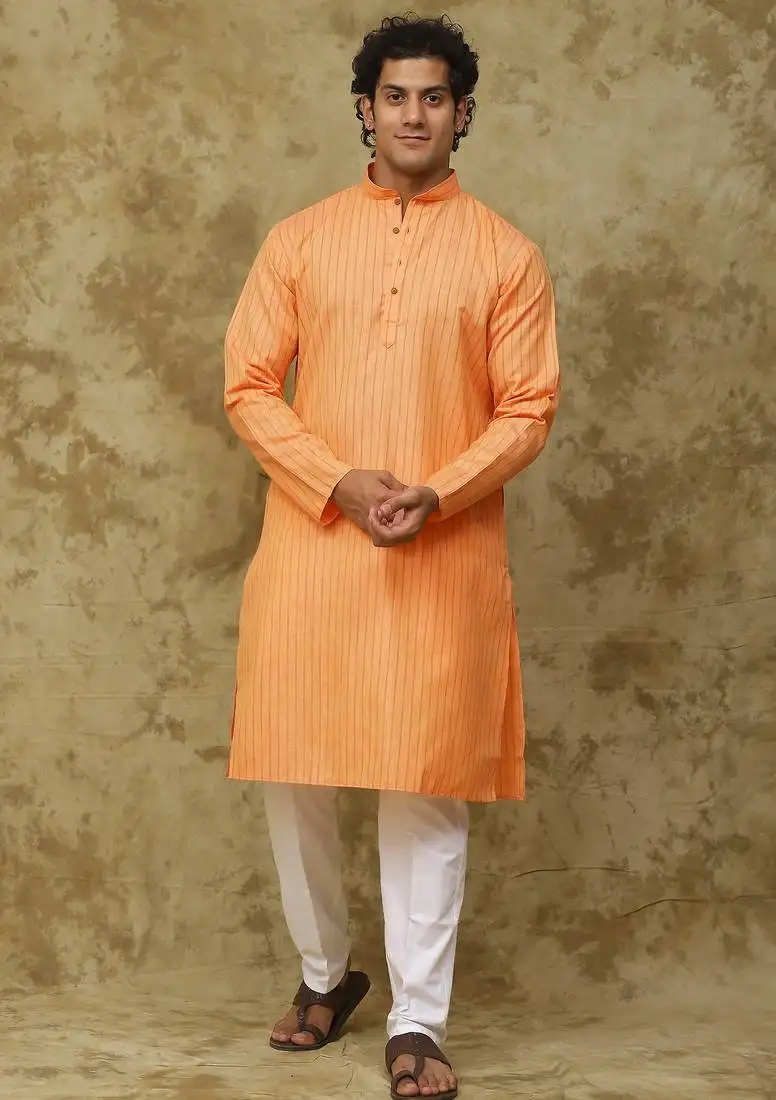 Orange cotton striped kurta set for men