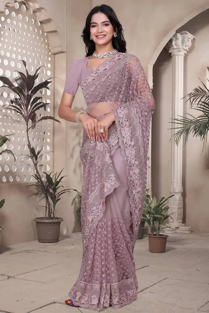Lavender sequin embroidered net saree sari with unstitch blouse piece