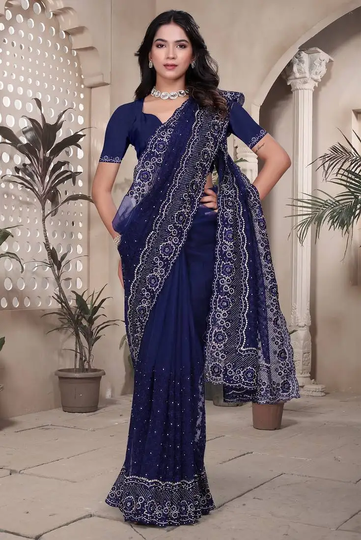 Navy blue sequin embroidered net saree sari with unstitch blouse piece