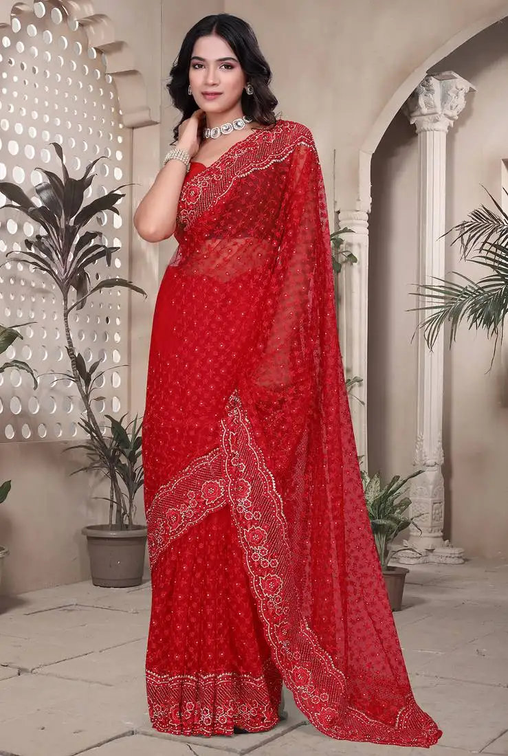Red sequin embroidered net saree sari with unstitch blouse piece