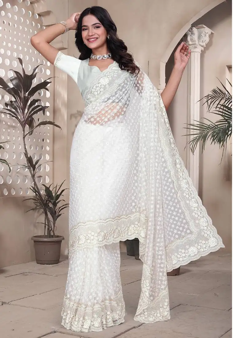 White sequin embroidered net saree sari with unstitch blouse piece