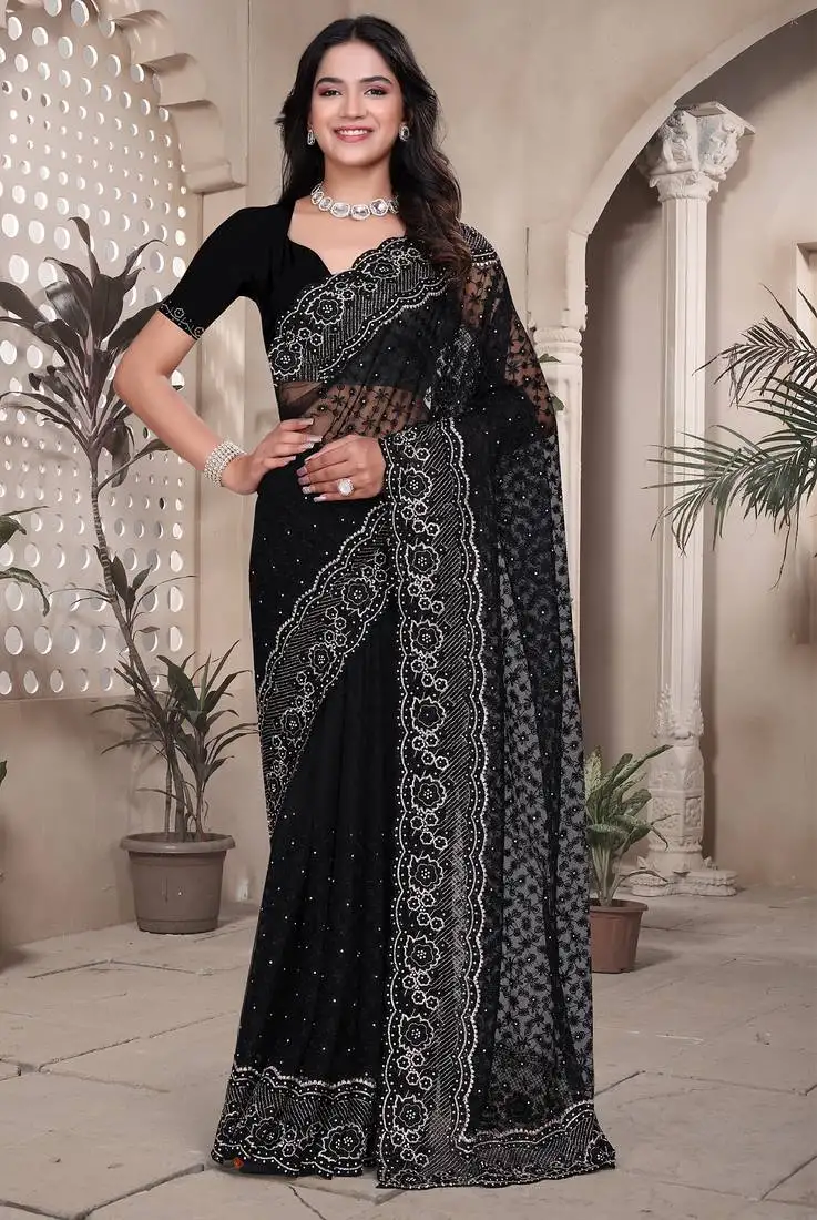 Black sequin embroidered net saree sari with unstitch blouse piece