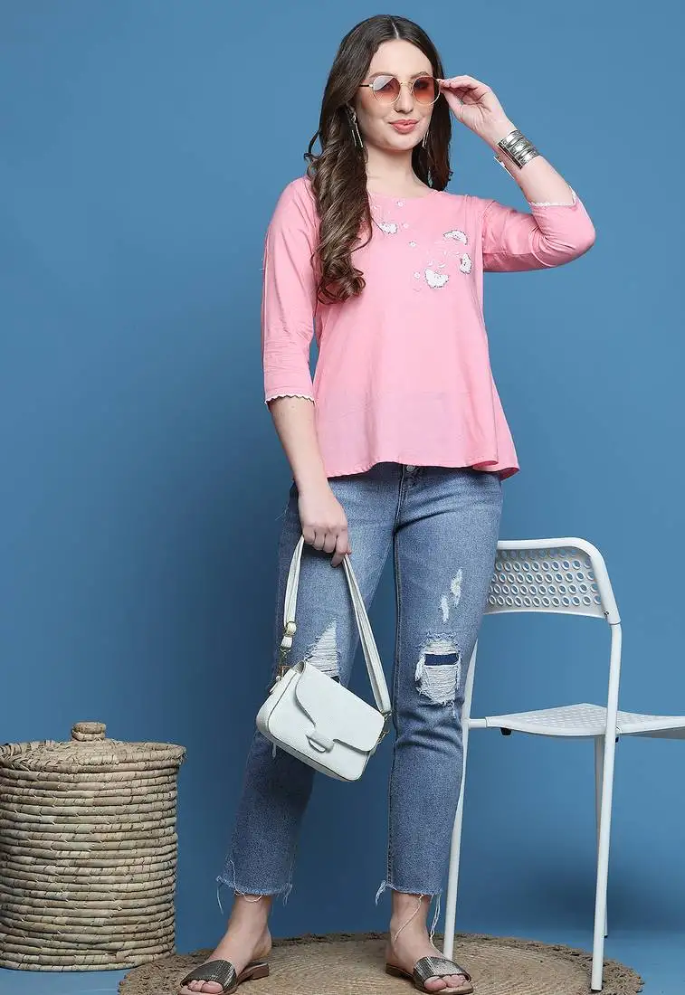 Women's pure cotton patch work embroidered short top