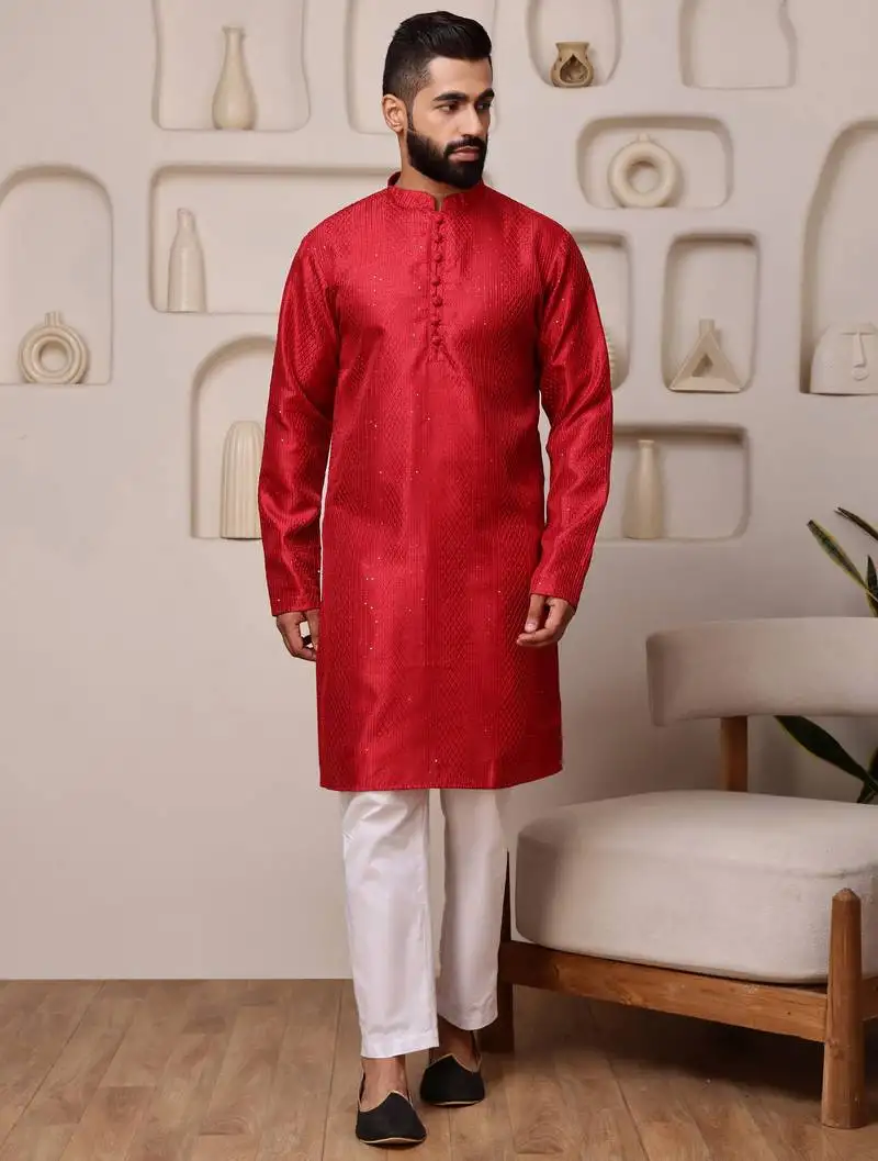 Men red embroidered kurta in cotton blend with sequin accents
