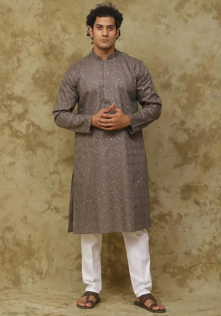 Brown mud octagon sequin threadwork kurta set for men