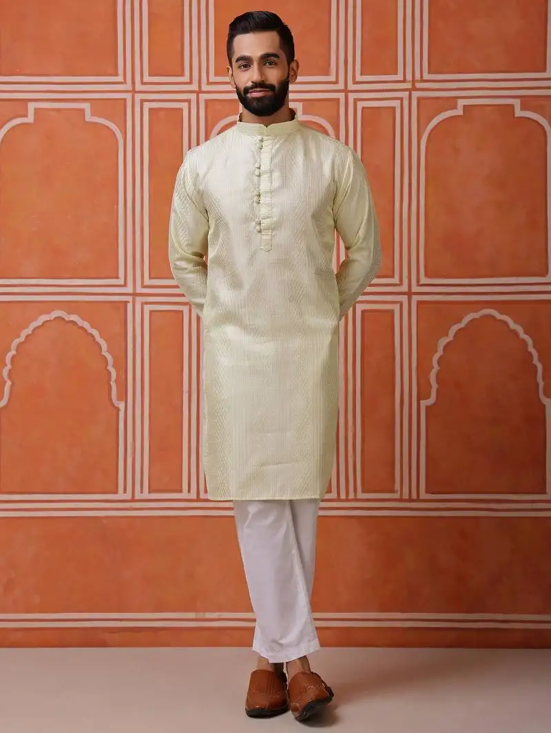 Men green kurta in cotton blend with vertical sequin embroidery
