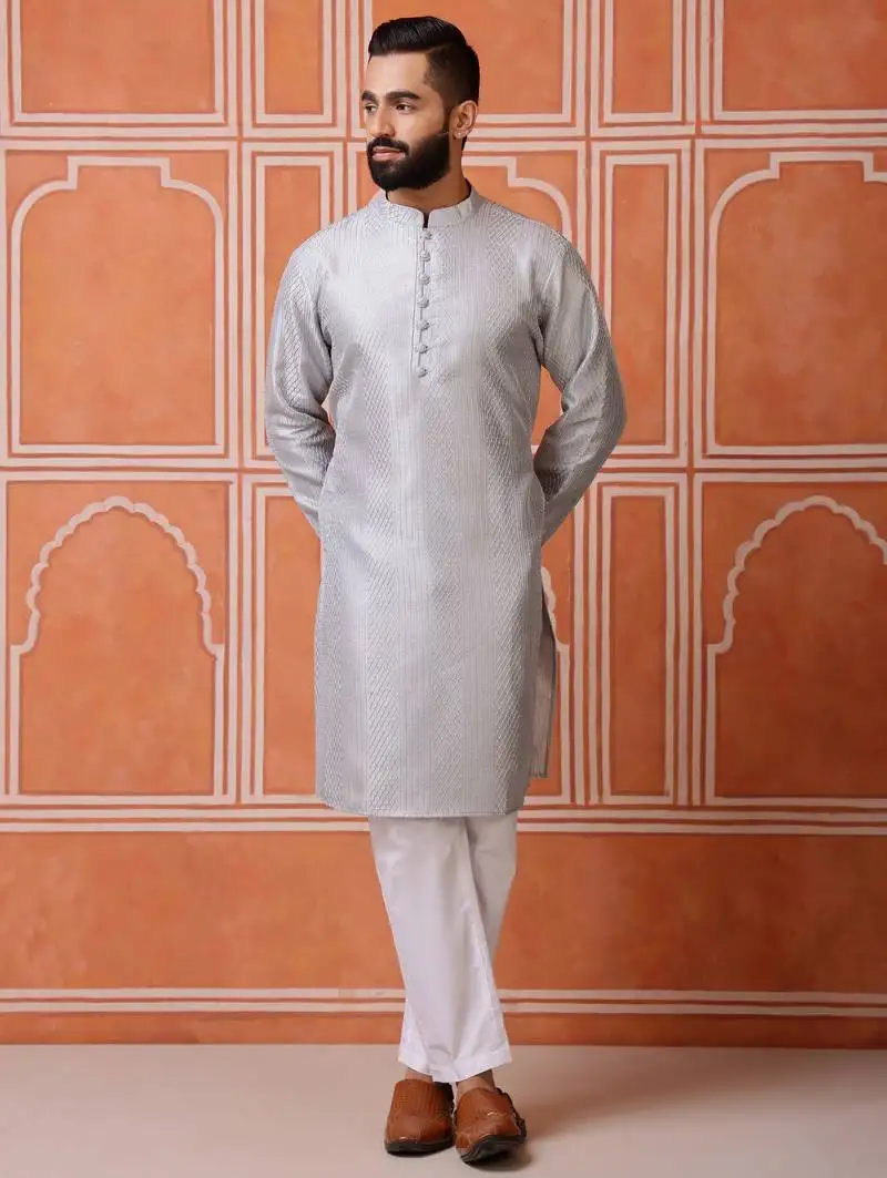 Men grey cotton kurta featuring vertical sequin detail