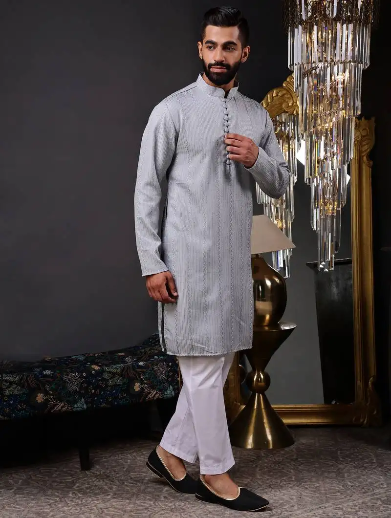 Men grey embroidered kurta with vertical sequin stripe work