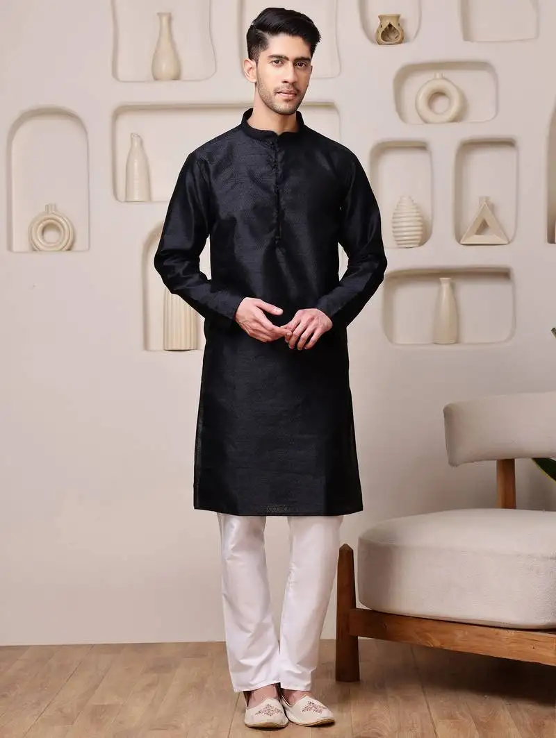 Men black silk blend kurta with textured jacquard pattern finish