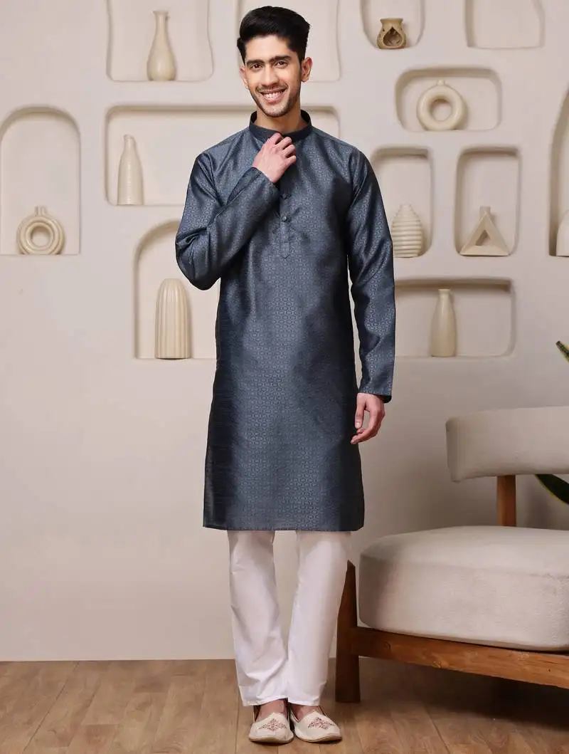Men steel grey textured kurta in silk blend with ethnic feel