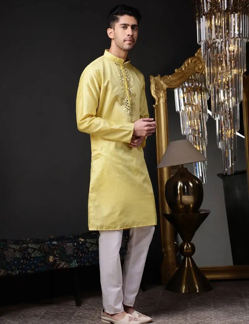 Men yellow jacquard with embroidered silk blend kurta with mirror embellishment