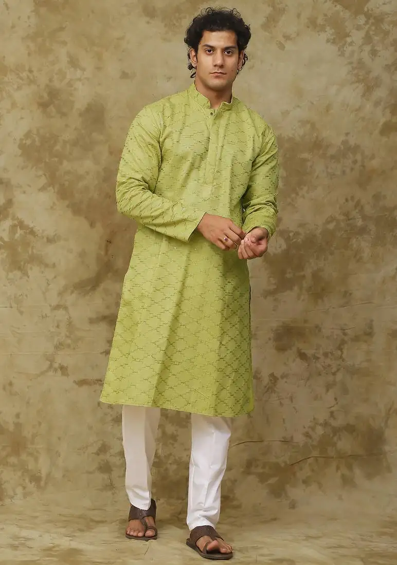 Green mehendi brick zigzag embroidered kurta set for men