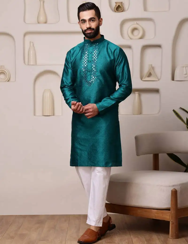 Men teal jacquard with embroidered silk blend kurta with mirror embellishment
