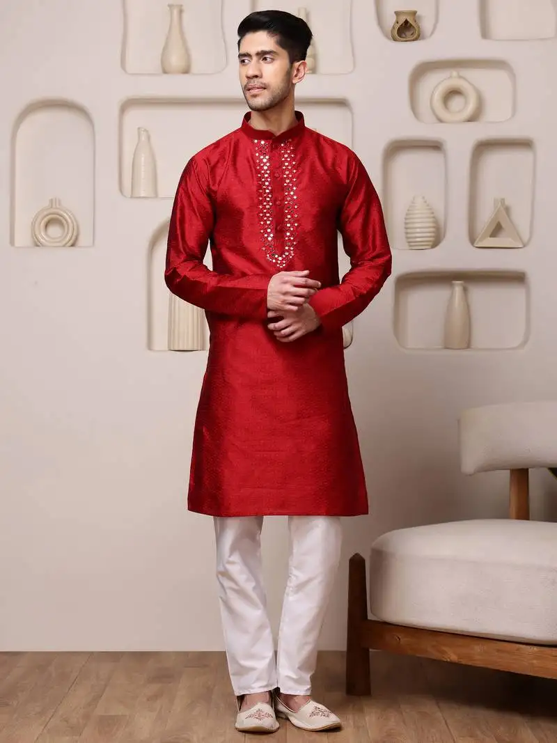 Men red jacquard with embroidered silk blend kurta with mirror embellishment
