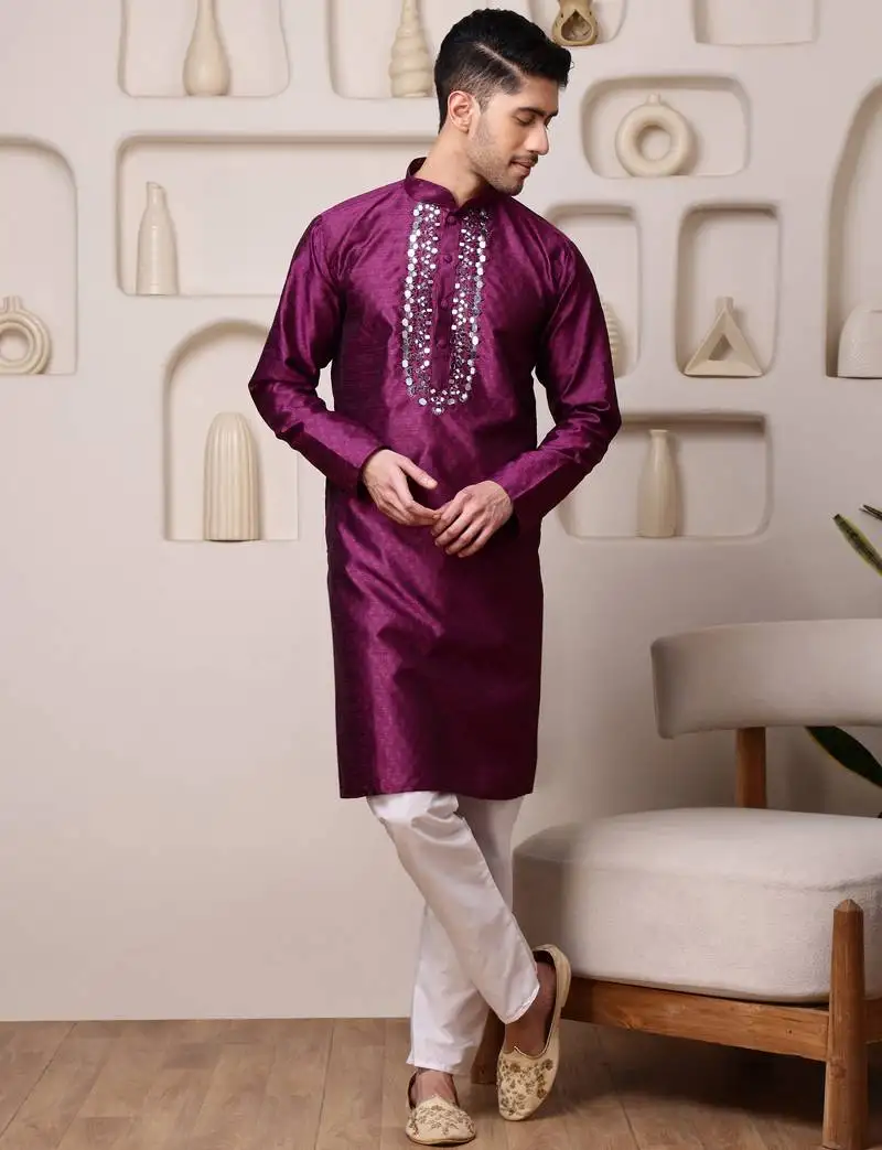 Men wine jacquard with embroidered silk blend kurta with mirror embellishment